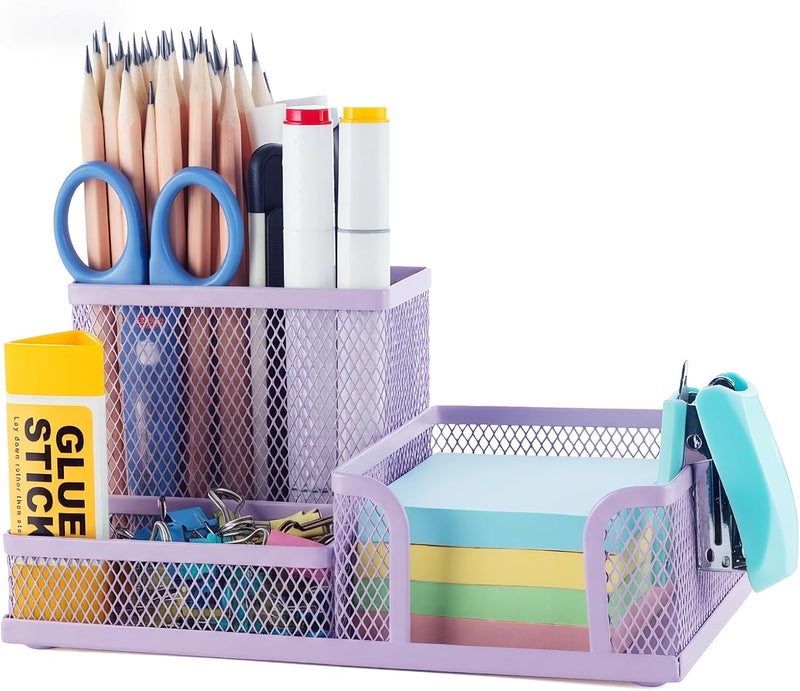 MG Mesh Pen Holder Desk Organizers Pencil Holder for Desk Purple, 3 Compartments Metal Office Supply Organizer with Sticky Notes Holder for Home Office - Image 1